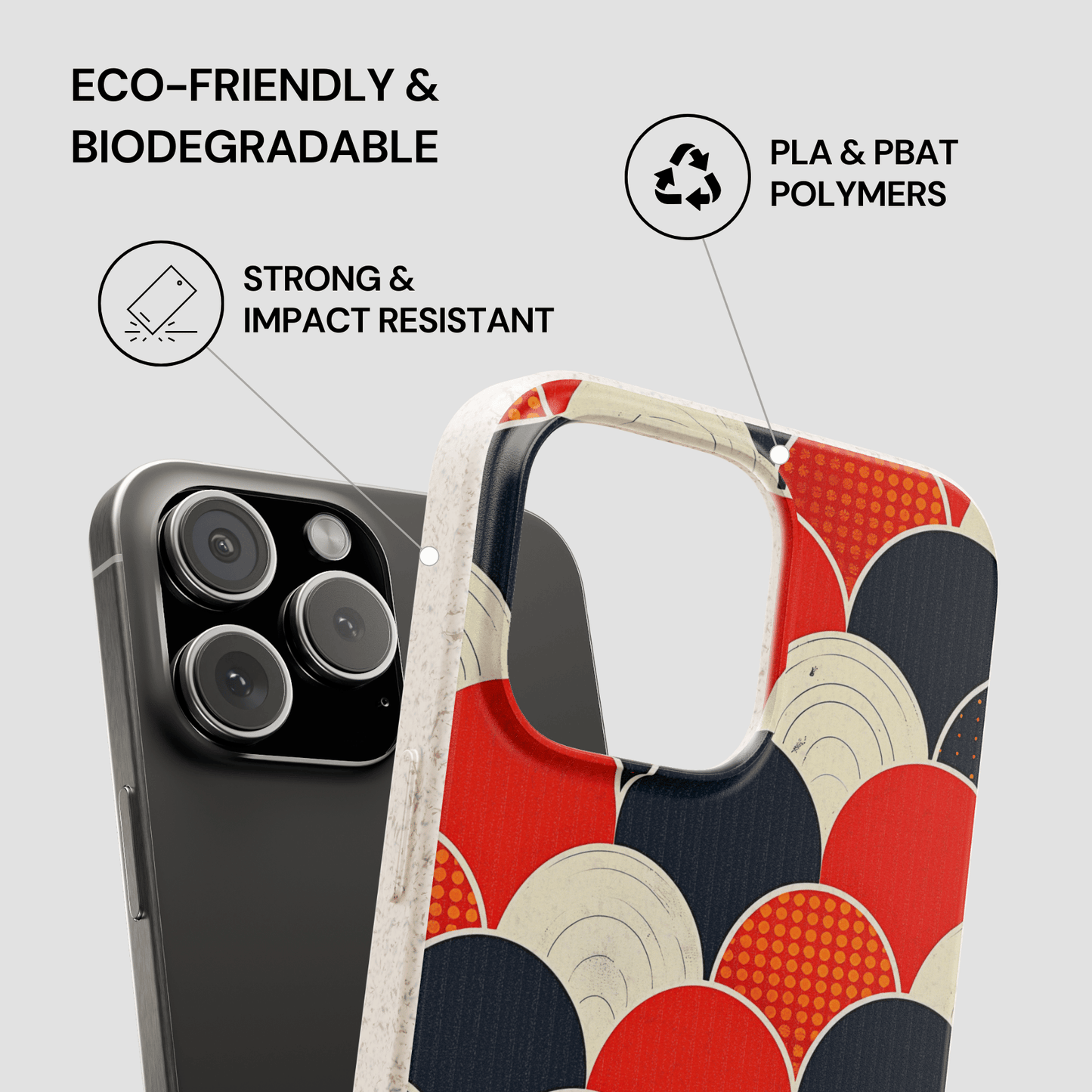 Phone case with red and black circular pattern on a gray background, featuring text about eco-friendliness and properties.