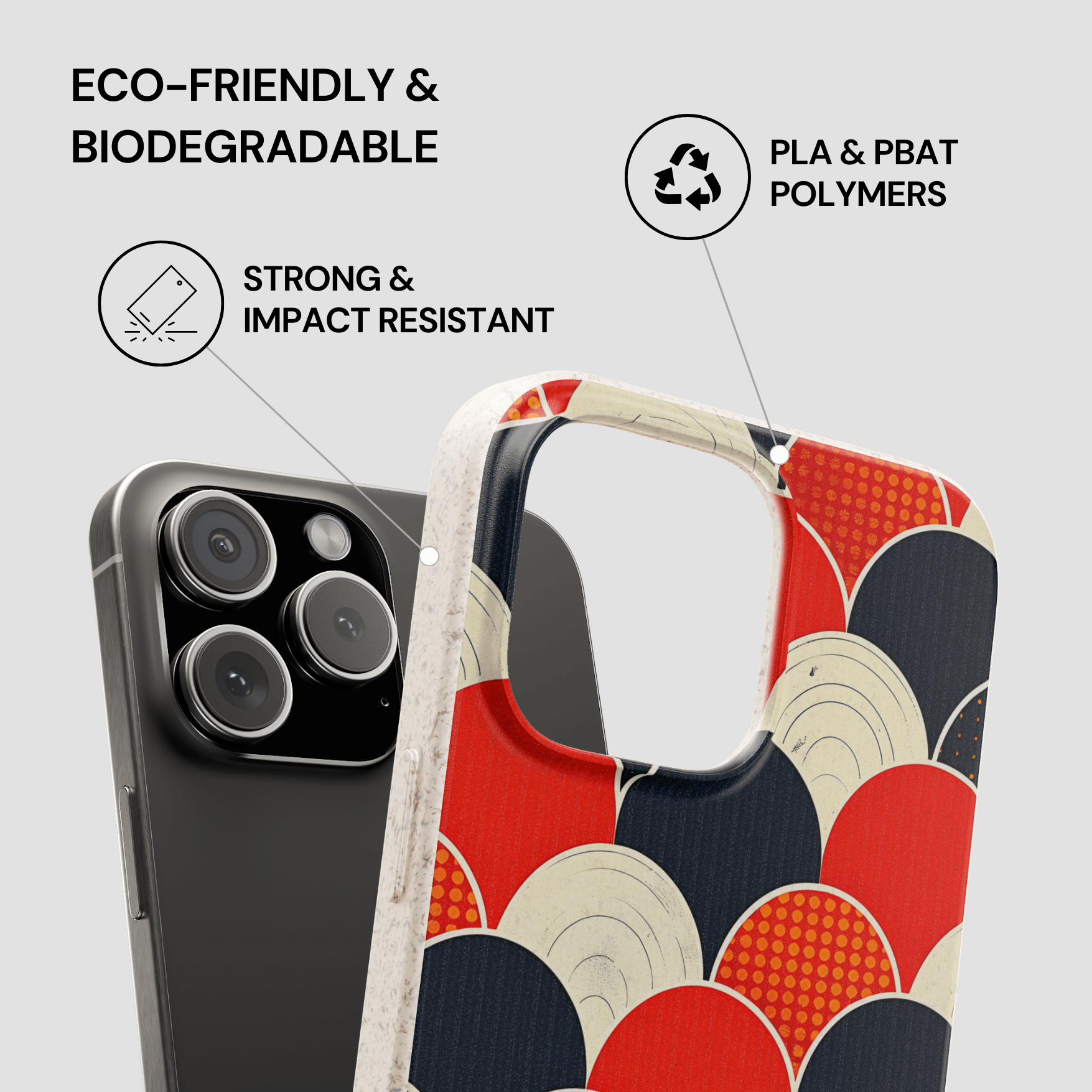 Phone case with red and black circular pattern on a gray background, featuring text about eco-friendliness and properties.