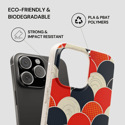 Phone case with red and black circular pattern on a gray background, featuring text about eco-friendliness and properties.