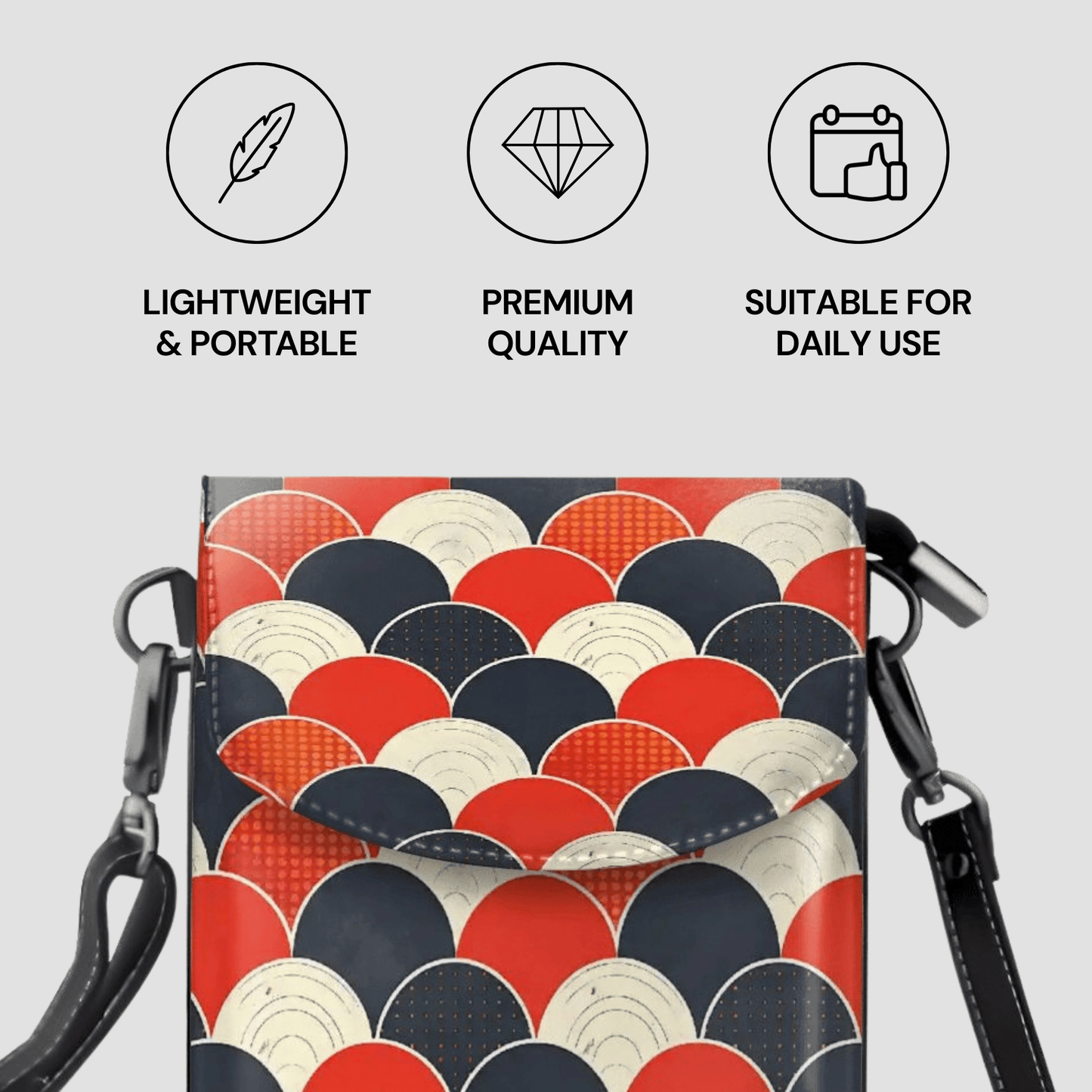 Patterned phone case with shoulder strap on a light gray background