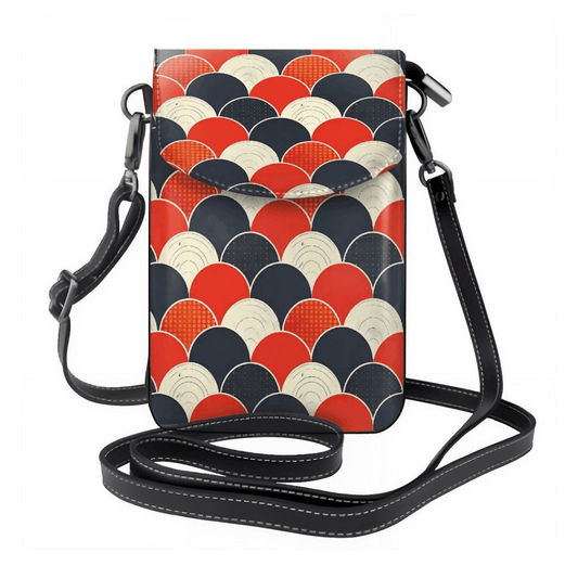 Phone case with red, blue, and beige circular pattern on a white background