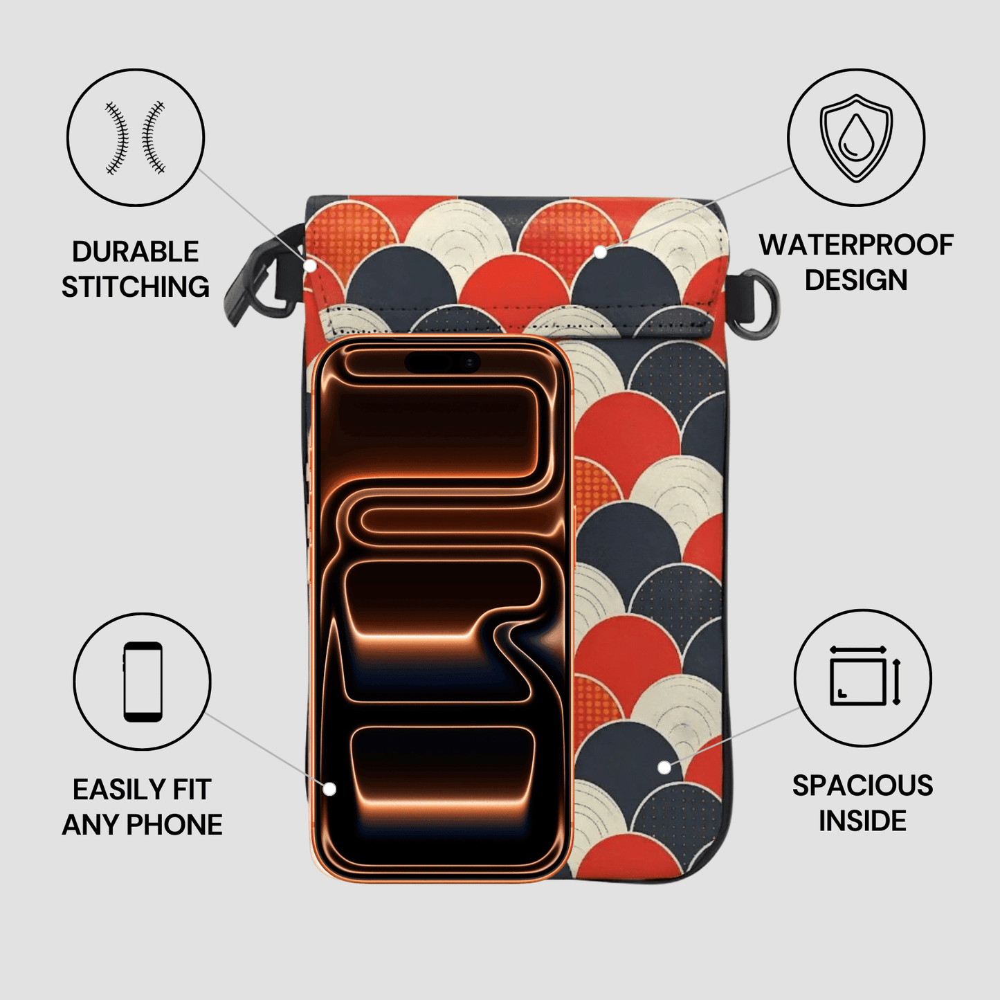 Phone case with colorful pattern and features highlighted on a gray background