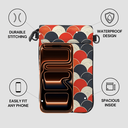 Phone case with colorful pattern and features highlighted on a gray background