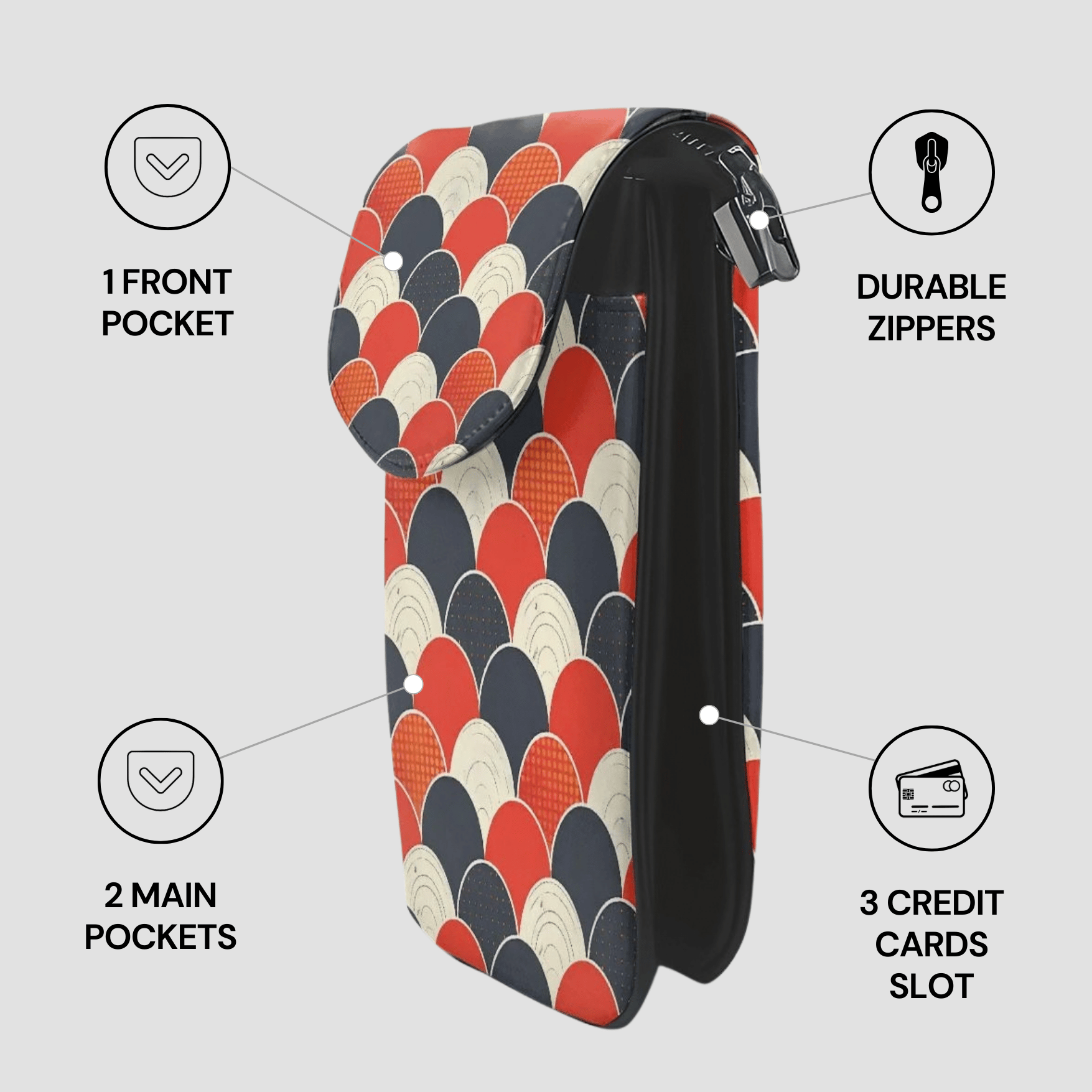 Multicolored patterned pouch with zippers and pockets on a white background