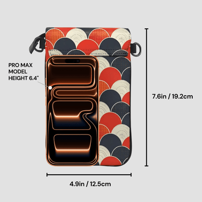 Phone case with geometric pattern and measurements on a light gray background