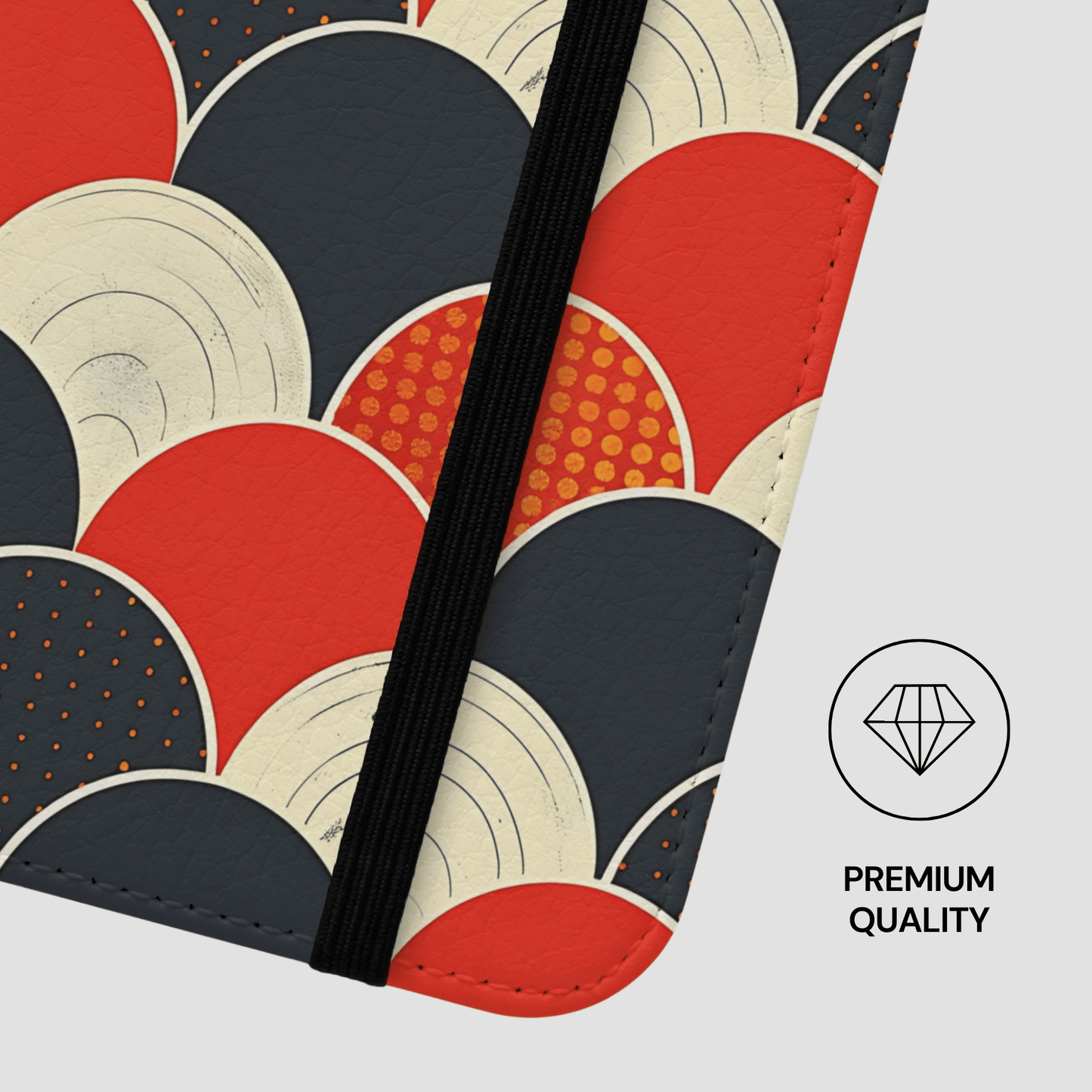 Patterned product with geometric design on a white background, featuring red, black, and beige colors.