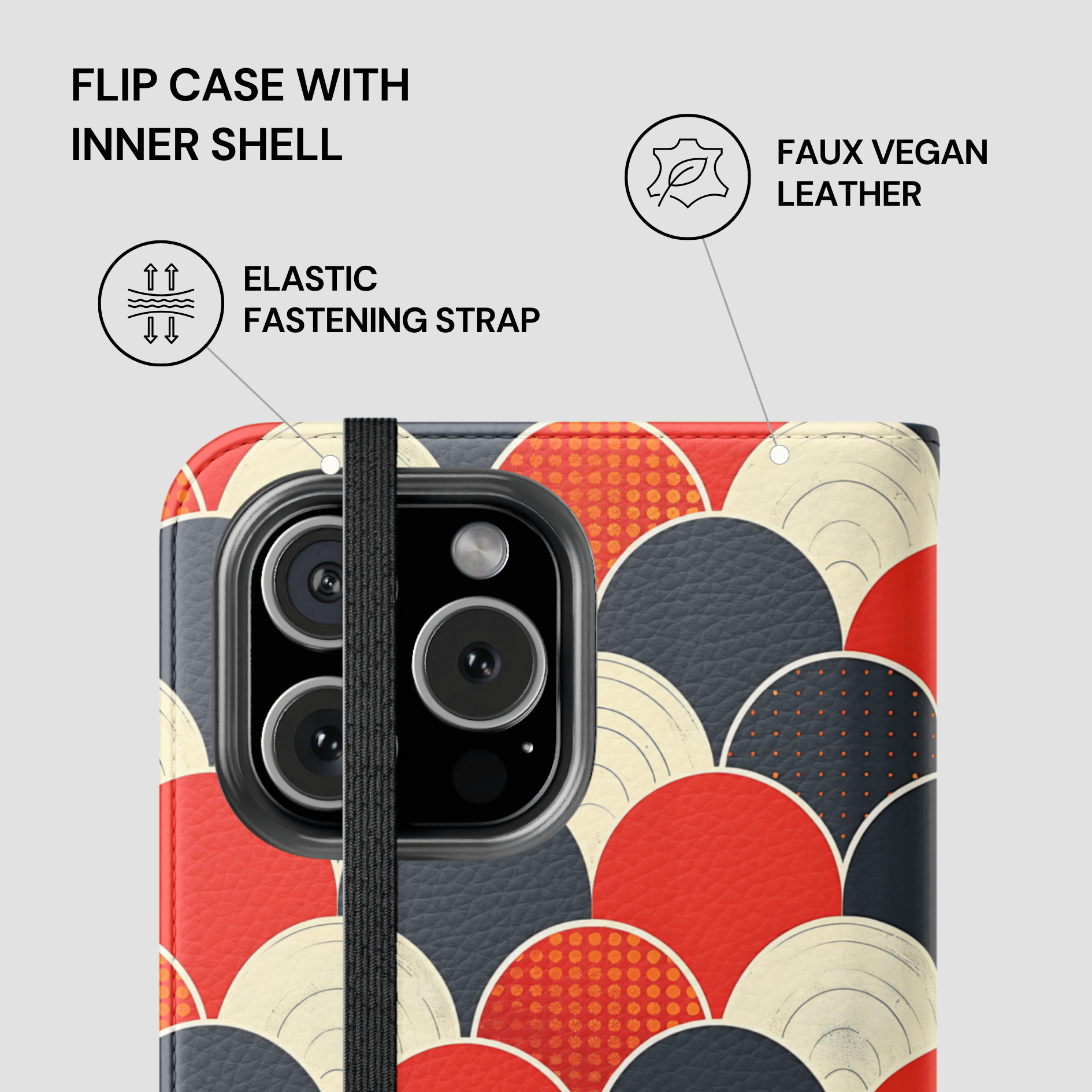 Flip case with inner shell featuring a geometric pattern on a white background