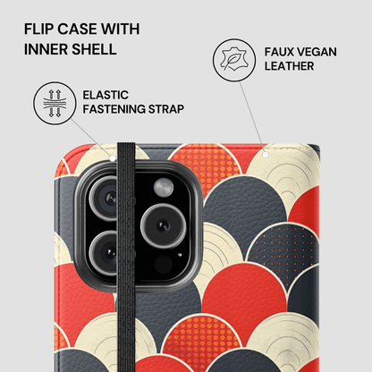 Flip case with inner shell featuring a geometric pattern on a white background