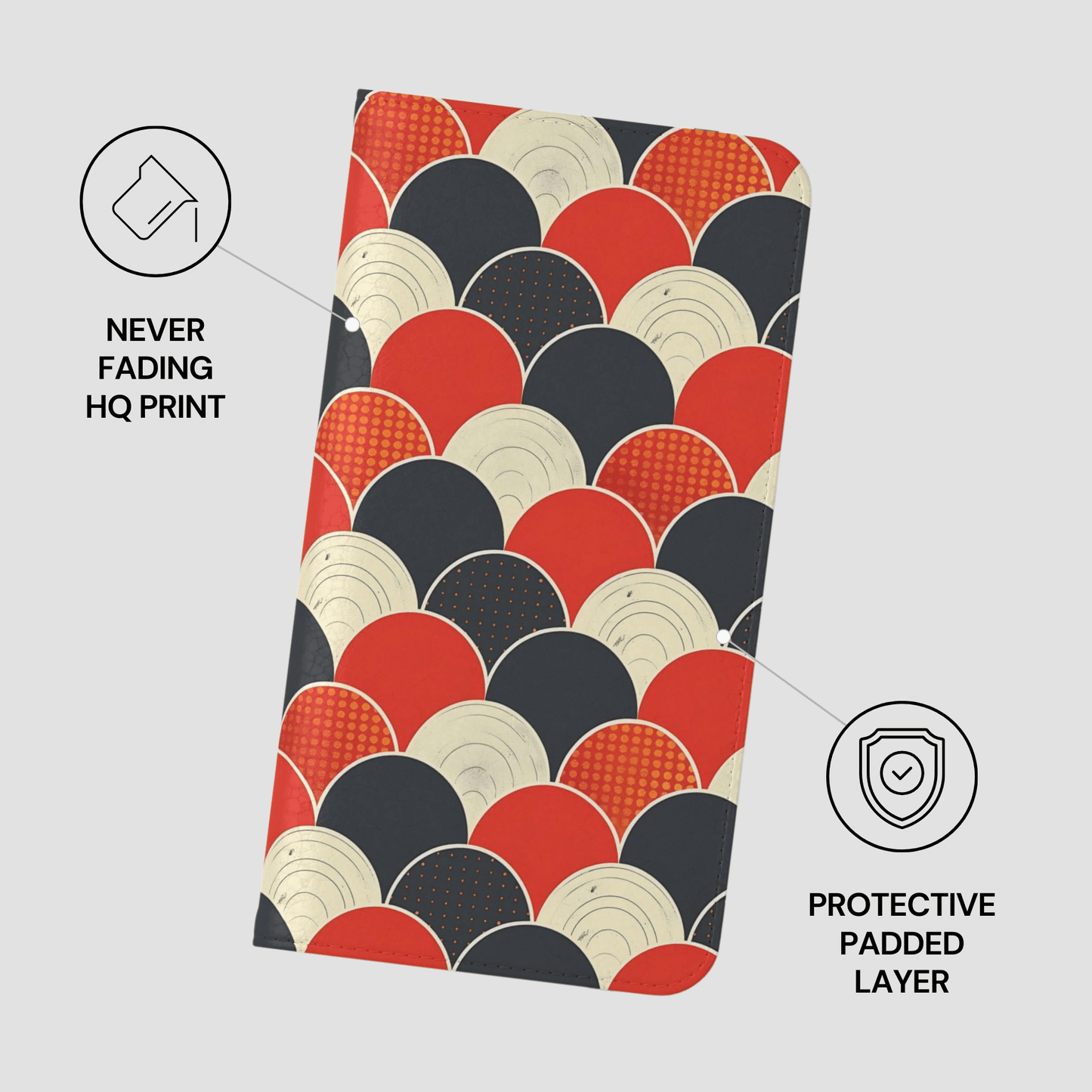 Product packaging with geometric pattern and text about print quality and padding.