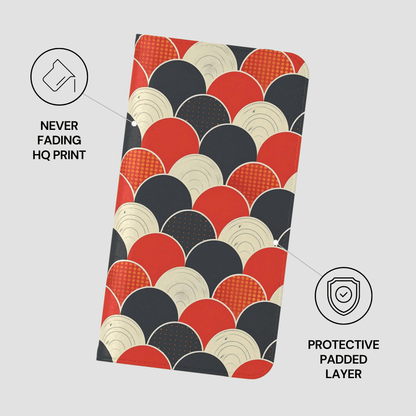 Product packaging with geometric pattern and text about print quality and padding.