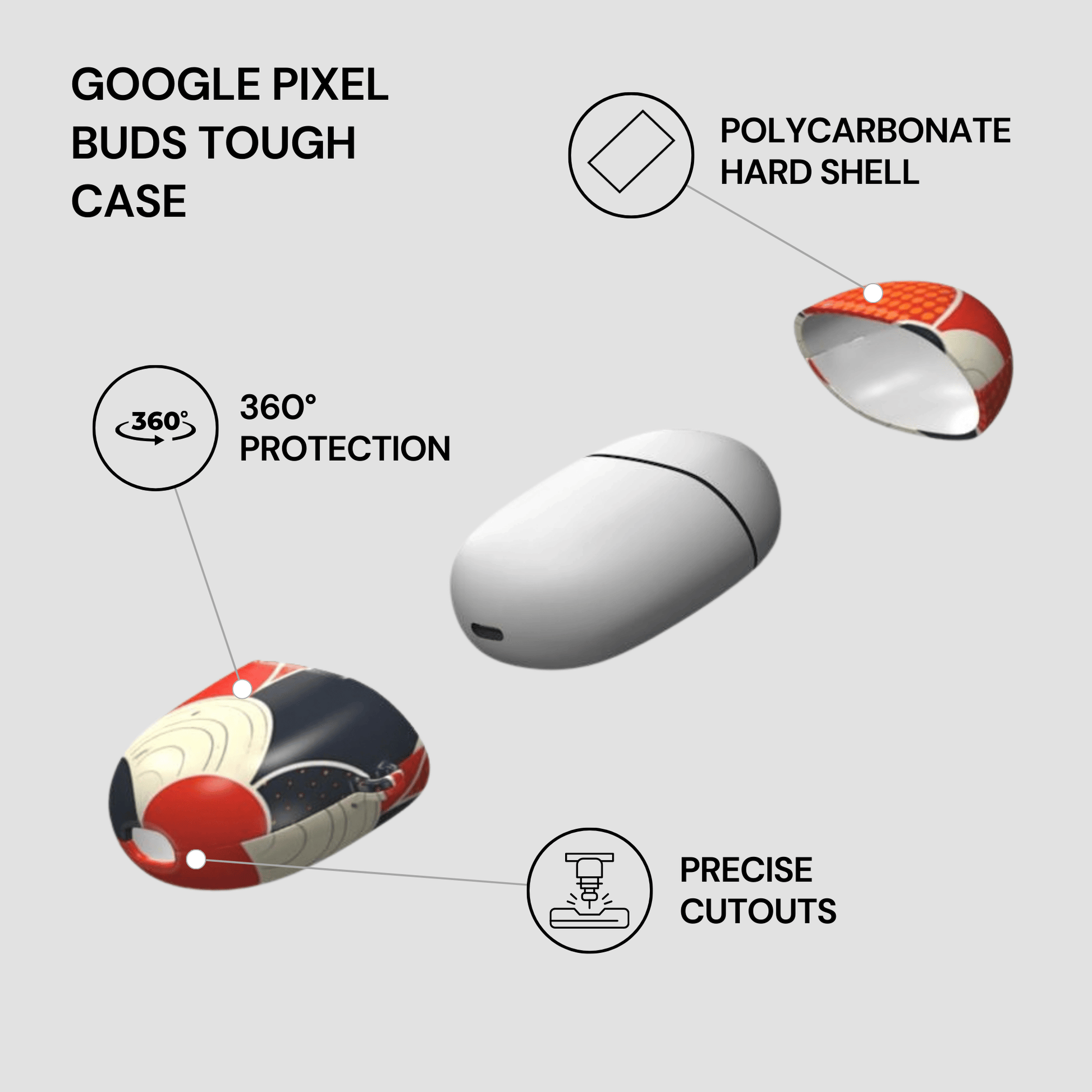 Google Pixel Buds Tough Case with features highlighted on a white background