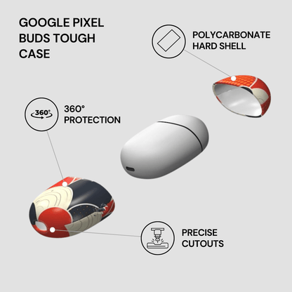 Google Pixel Buds Tough Case with features highlighted on a white background