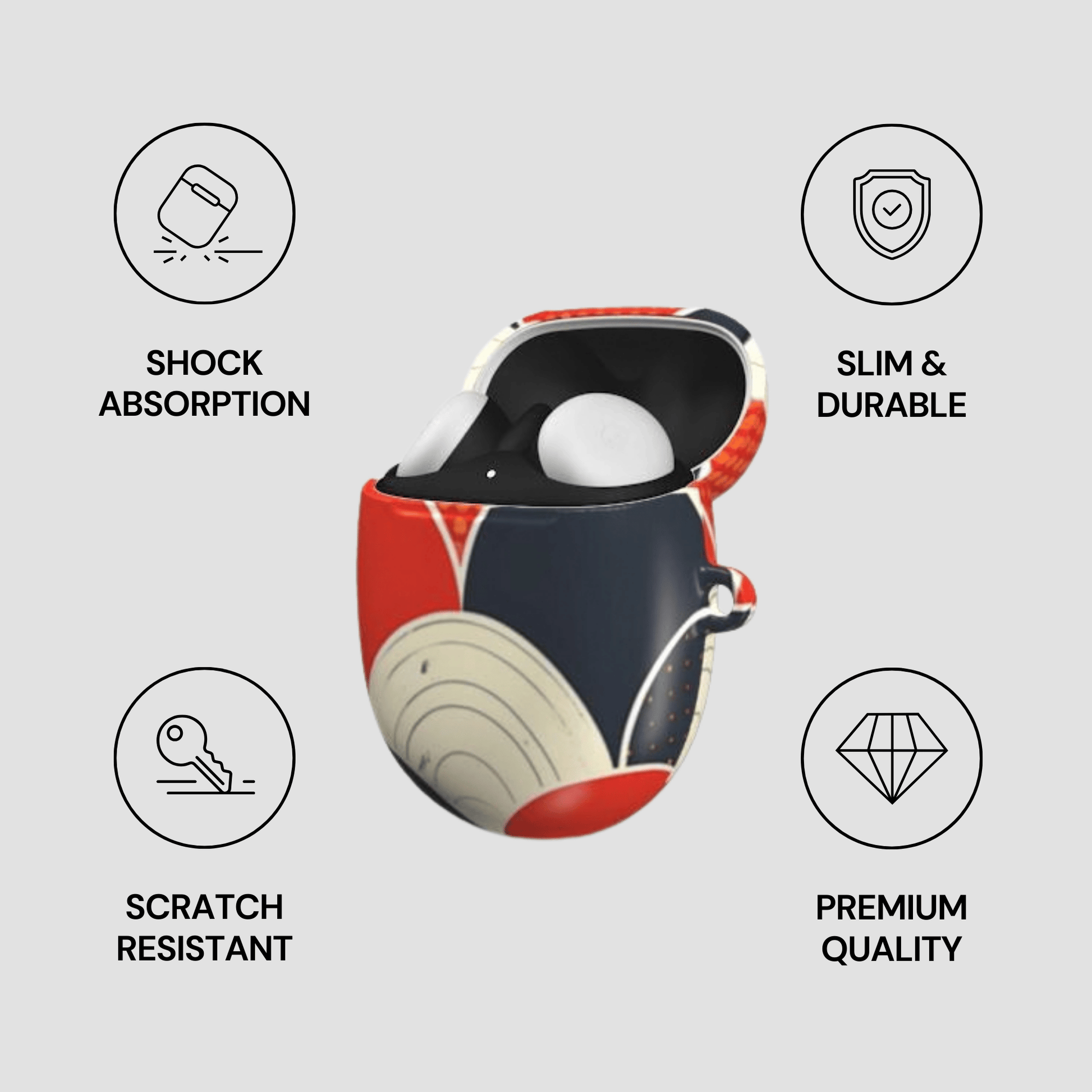 Product with features labeled as shock absorption, slim & durable, scratch resistant, and premium quality on a light gray background.