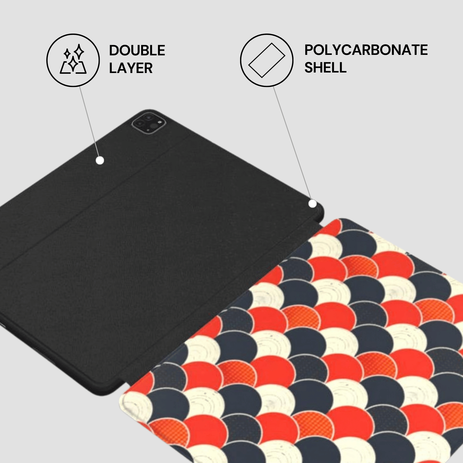 Tablet case with double layer and polycarbonate shell features on a gray background