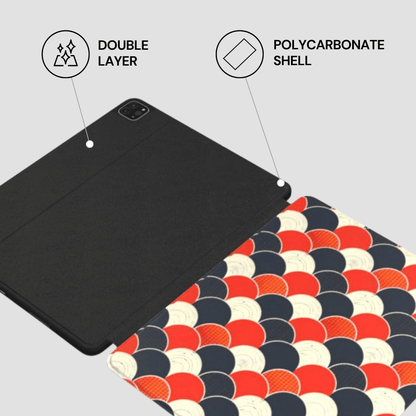 Tablet case with double layer and polycarbonate shell features on a gray background