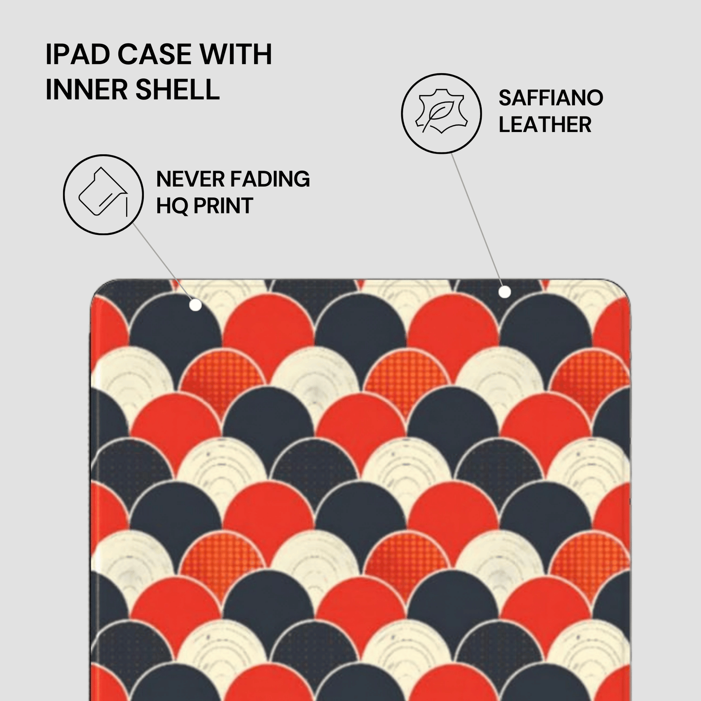 iPad case with red, blue, and white circular pattern on a gray background