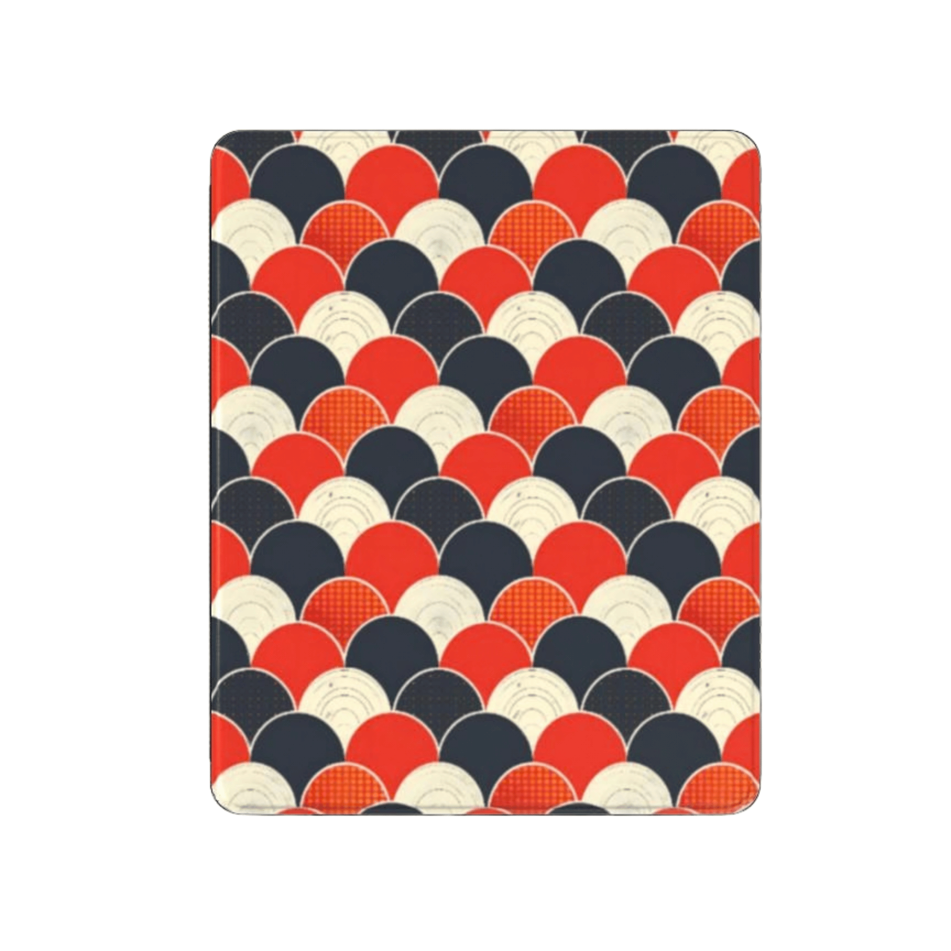 Patterned mouse pad with red, blue, and beige circles on a white background