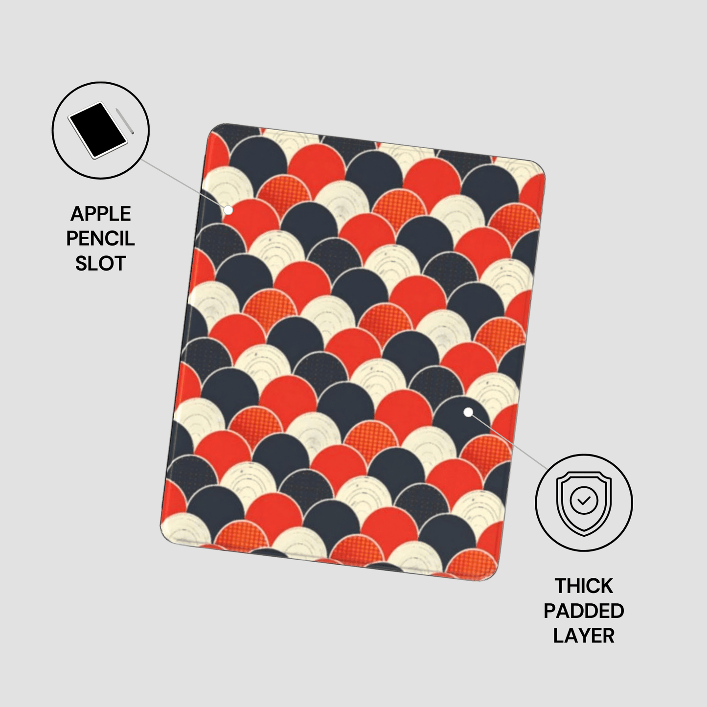 Patterned case with Apple Pencil slot and thick padded layer on a gray background
