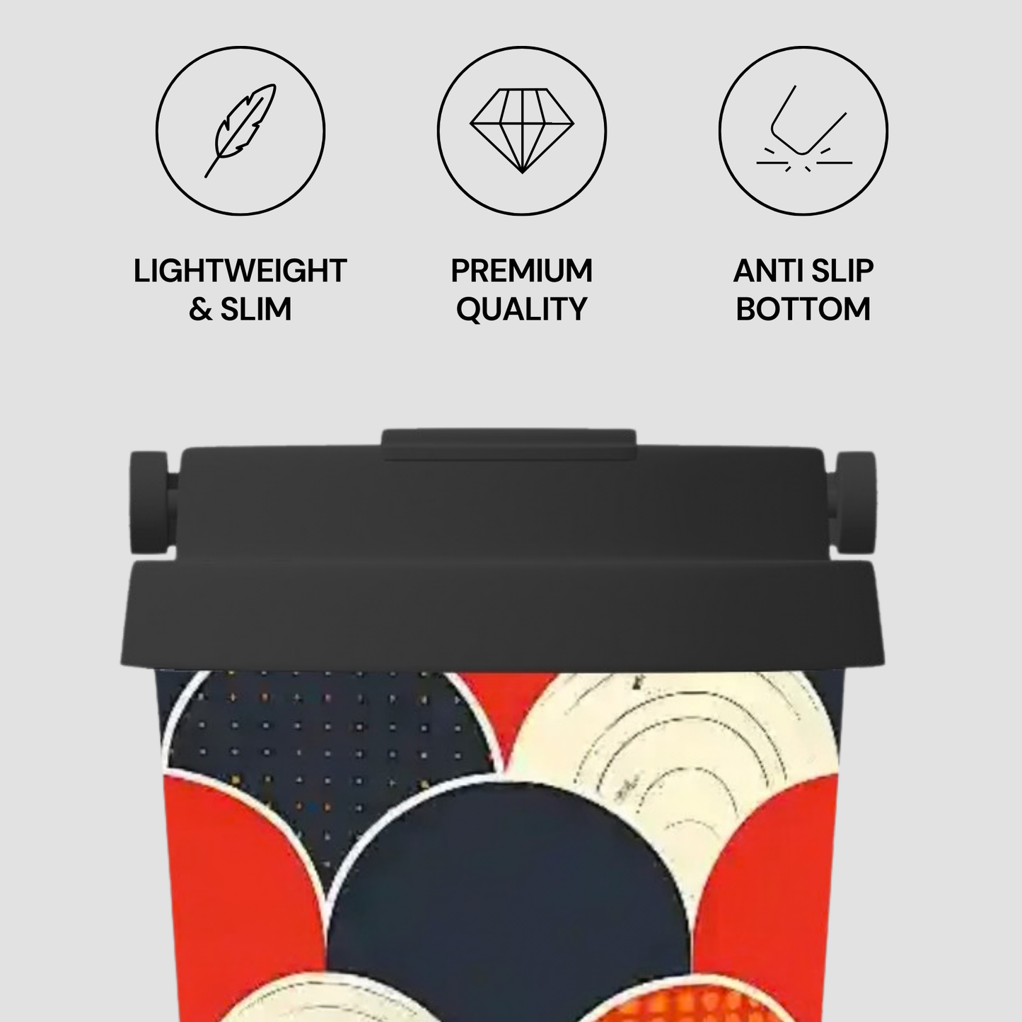 Product with features labeled as lightweight, premium quality, and anti-slip bottom on a gray background.