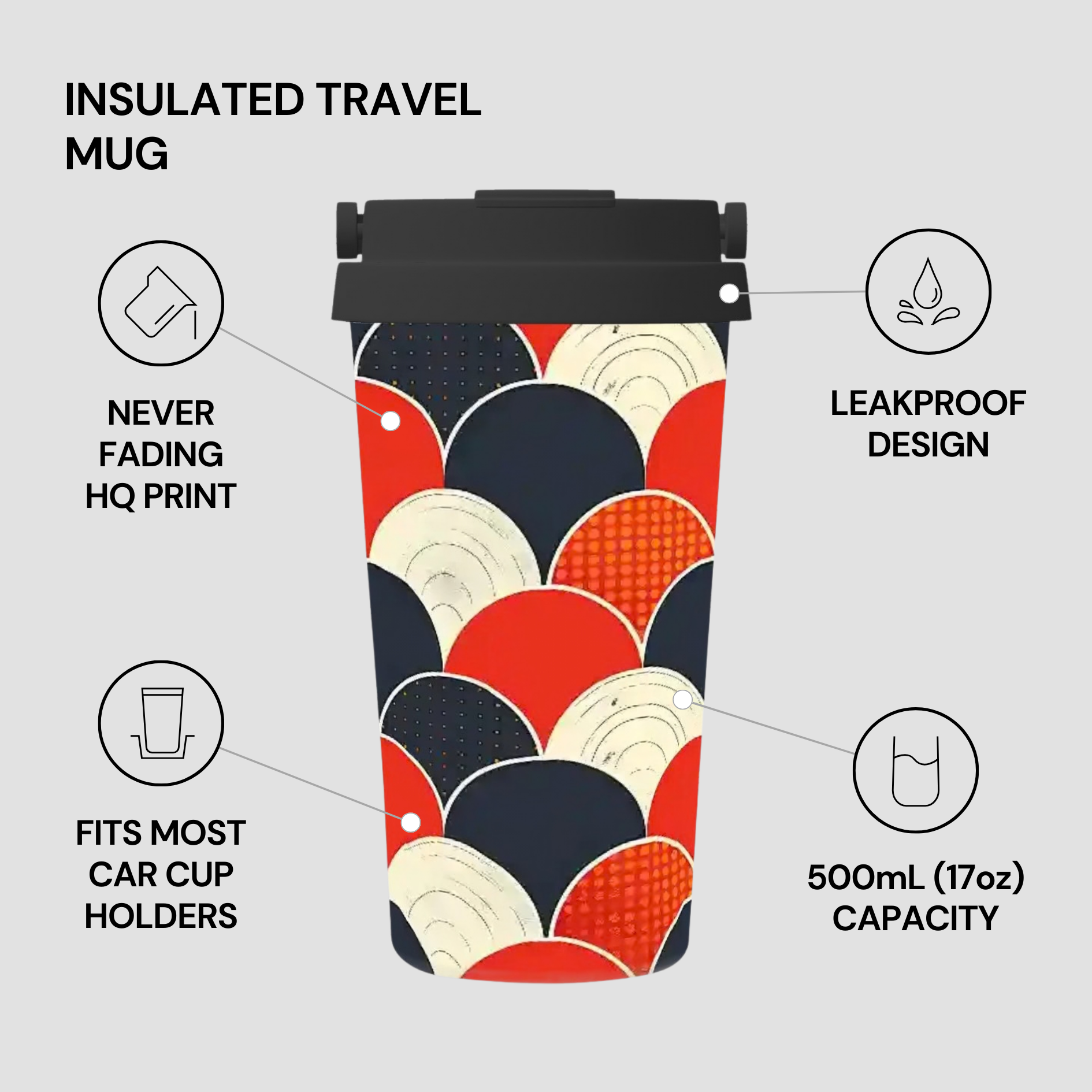 Insulated travel mug with colorful design on a gray background, featuring text about its features.