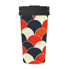Tumbler with a colorful geometric pattern on a white background
