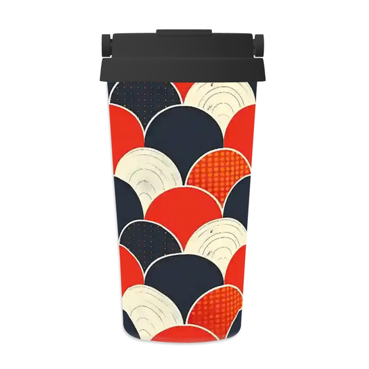 Tumbler with a colorful geometric pattern on a white background