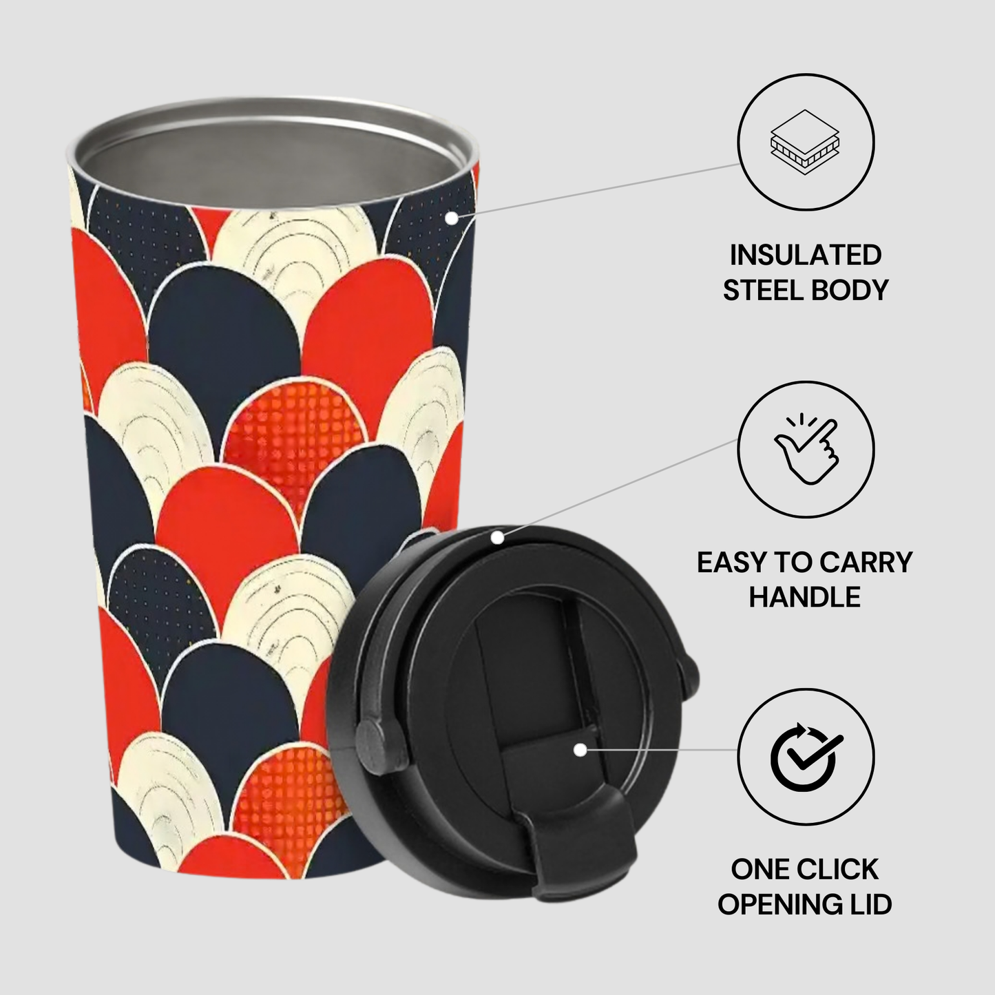 Colorful insulated steel travel mug with handle and one-click lid on a light gray background