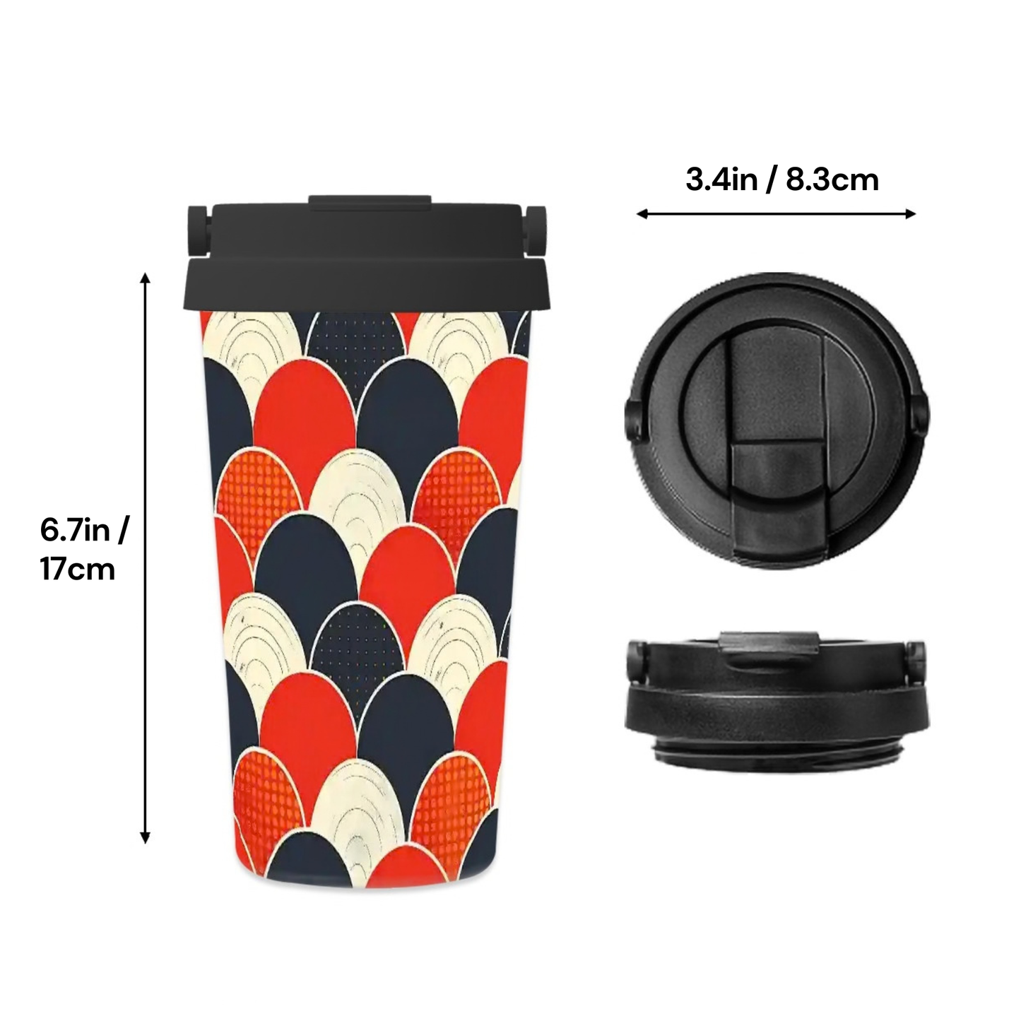 Colorful travel mug with geometric pattern and black lid, shown with measurements on a white background.