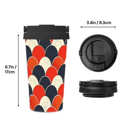 Colorful travel mug with geometric pattern and black lid, shown with measurements on a white background.