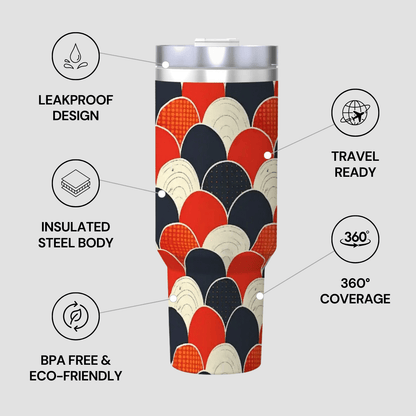 Tumbler with geometric pattern on a gray background, featuring text on features.