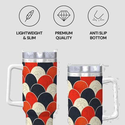 Colorful patterned mug with handle on a light gray background, featuring icons and text about product features.