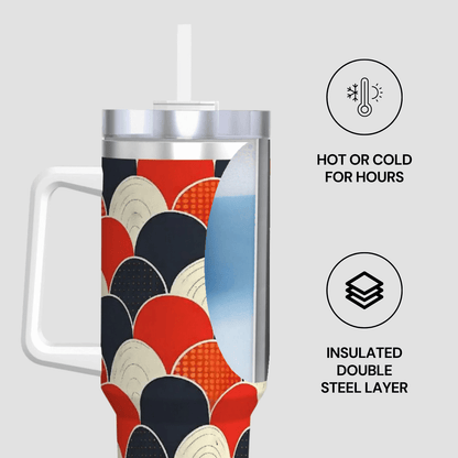 Colorful insulated tumbler with geometric pattern on a white background
