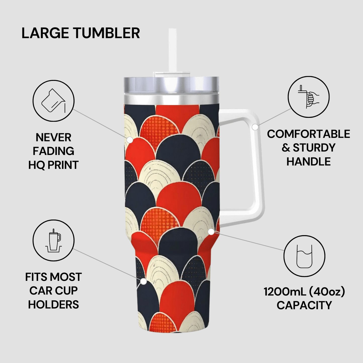 Large tumbler with colorful pattern, handle, and straw on a light gray background