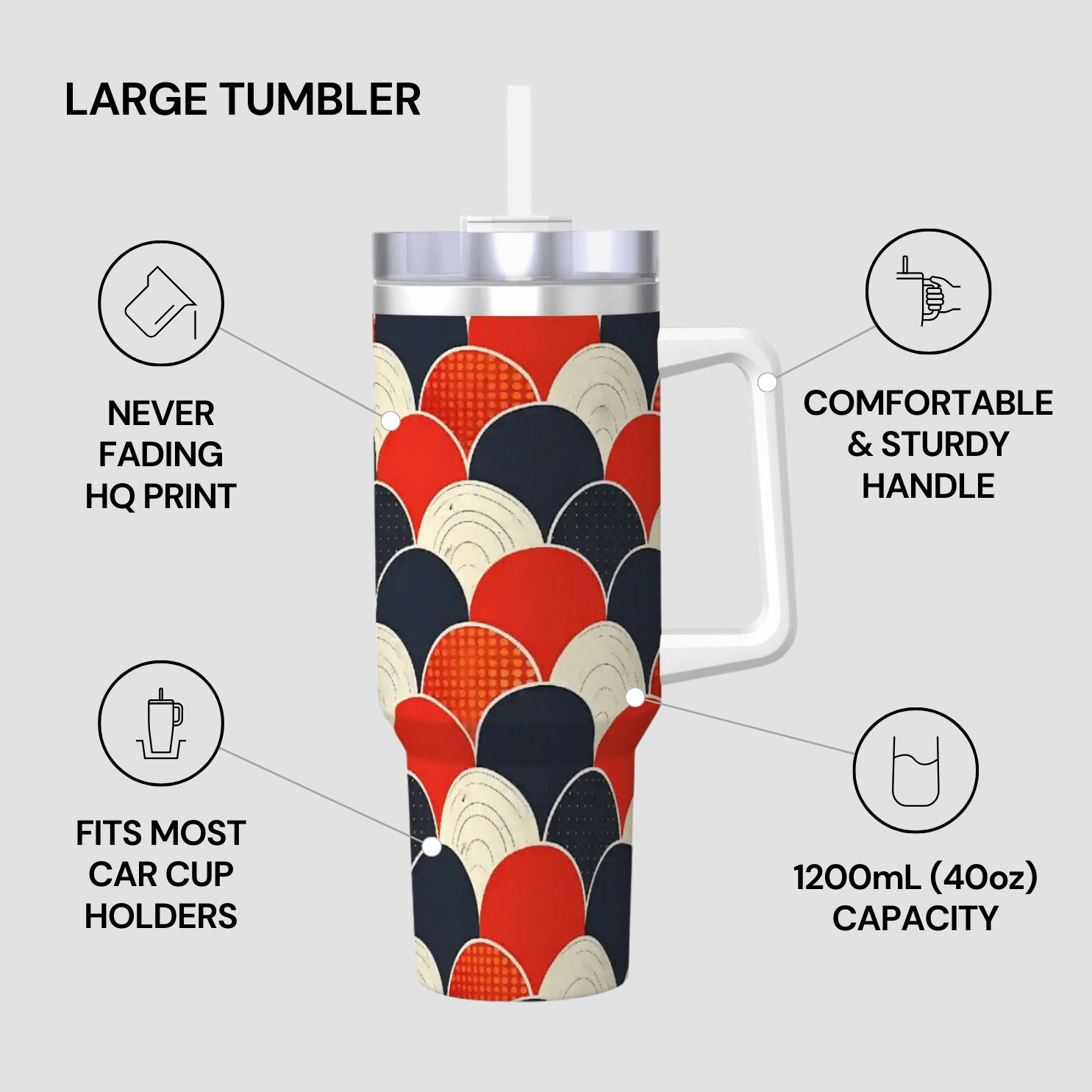 Large tumbler with colorful pattern, handle, and straw on a light gray background
