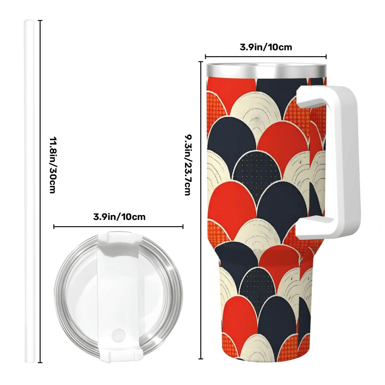 Colorful patterned tumbler with measurements on a white background