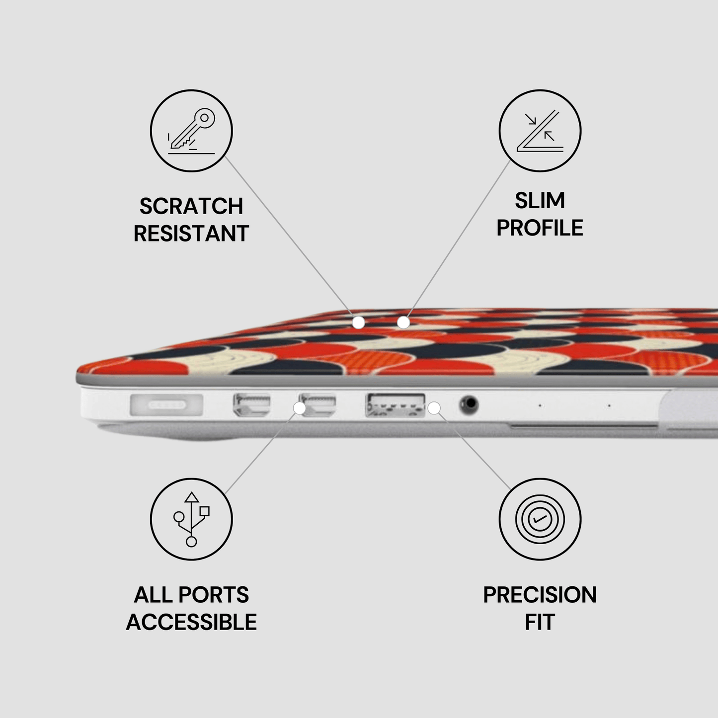 Laptop case with features labeled on a gray background