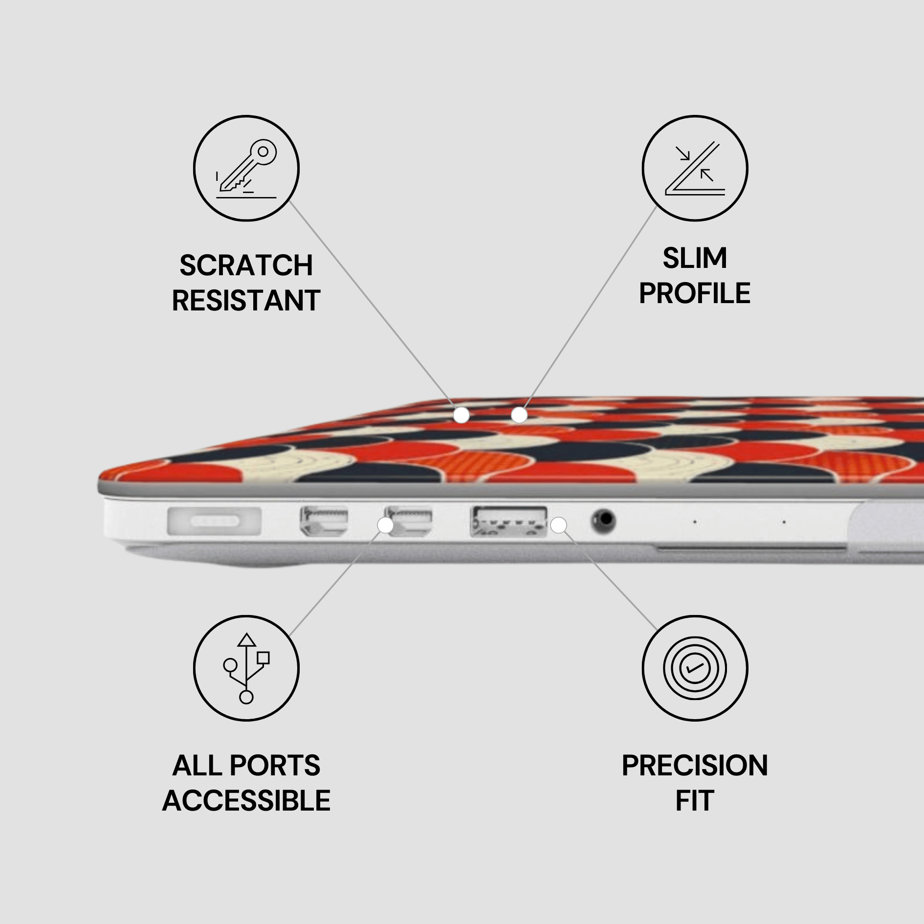 Laptop case with features labeled on a gray background