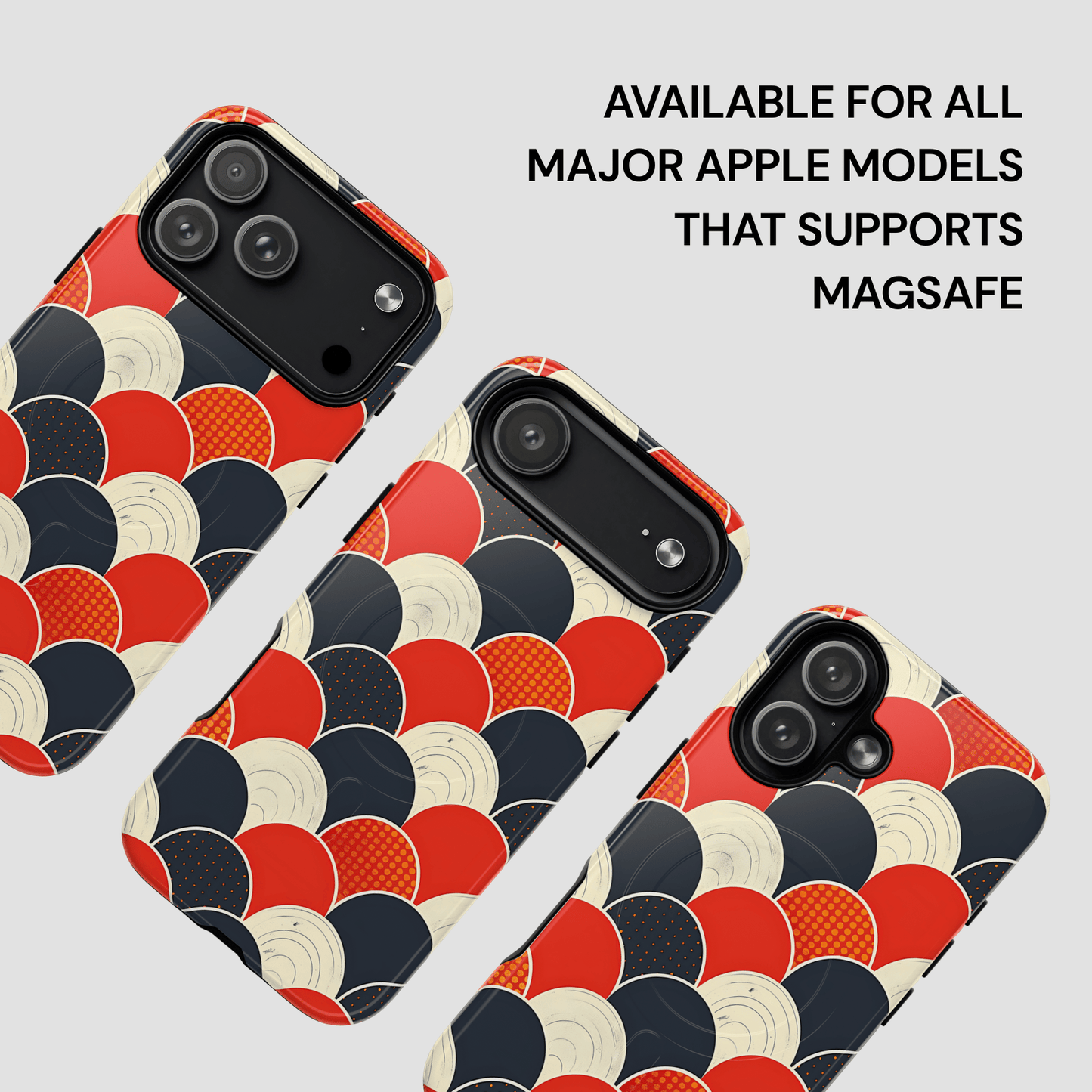 Phone case with circular pattern on a white background, featuring text about compatibility with Apple devices.