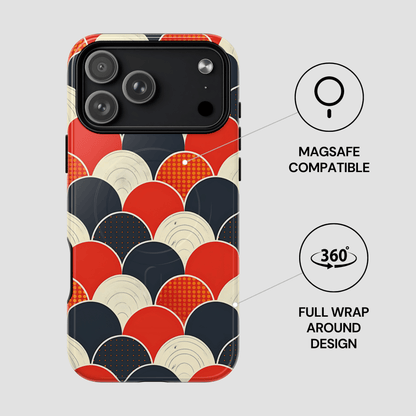 Phone case with geometric pattern and Magsafe compatibility label on a white background