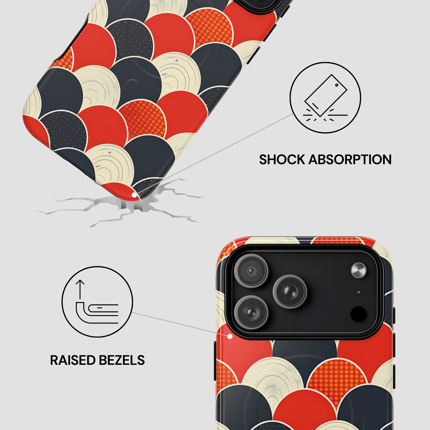 Phone case with geometric pattern, shock absorption, and raised bezels features on a light gray background.
