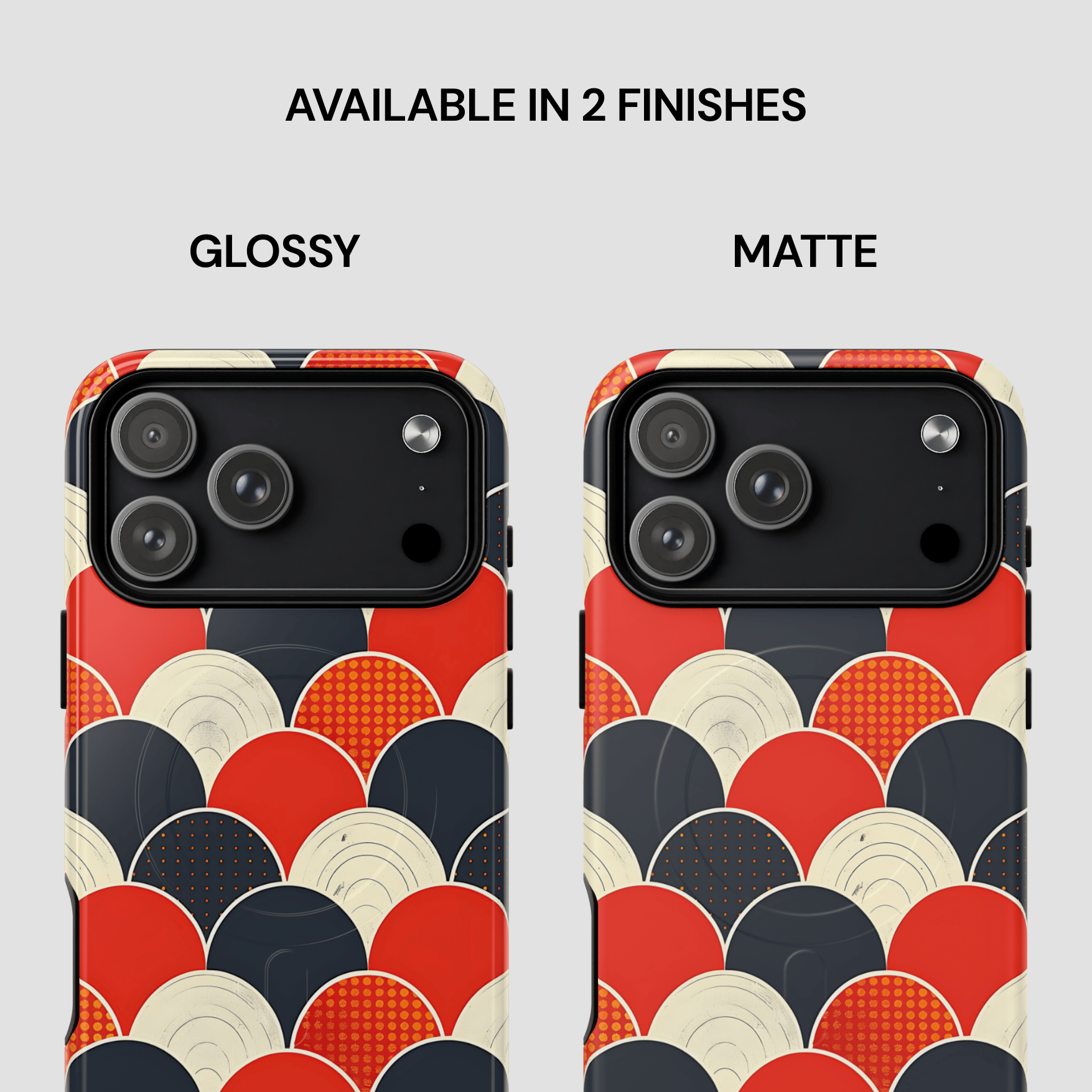 Two phone case designs with red, black, and beige geometric pattern on a white background.