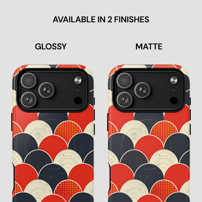 Two phone case designs with red, black, and beige geometric pattern on a white background.