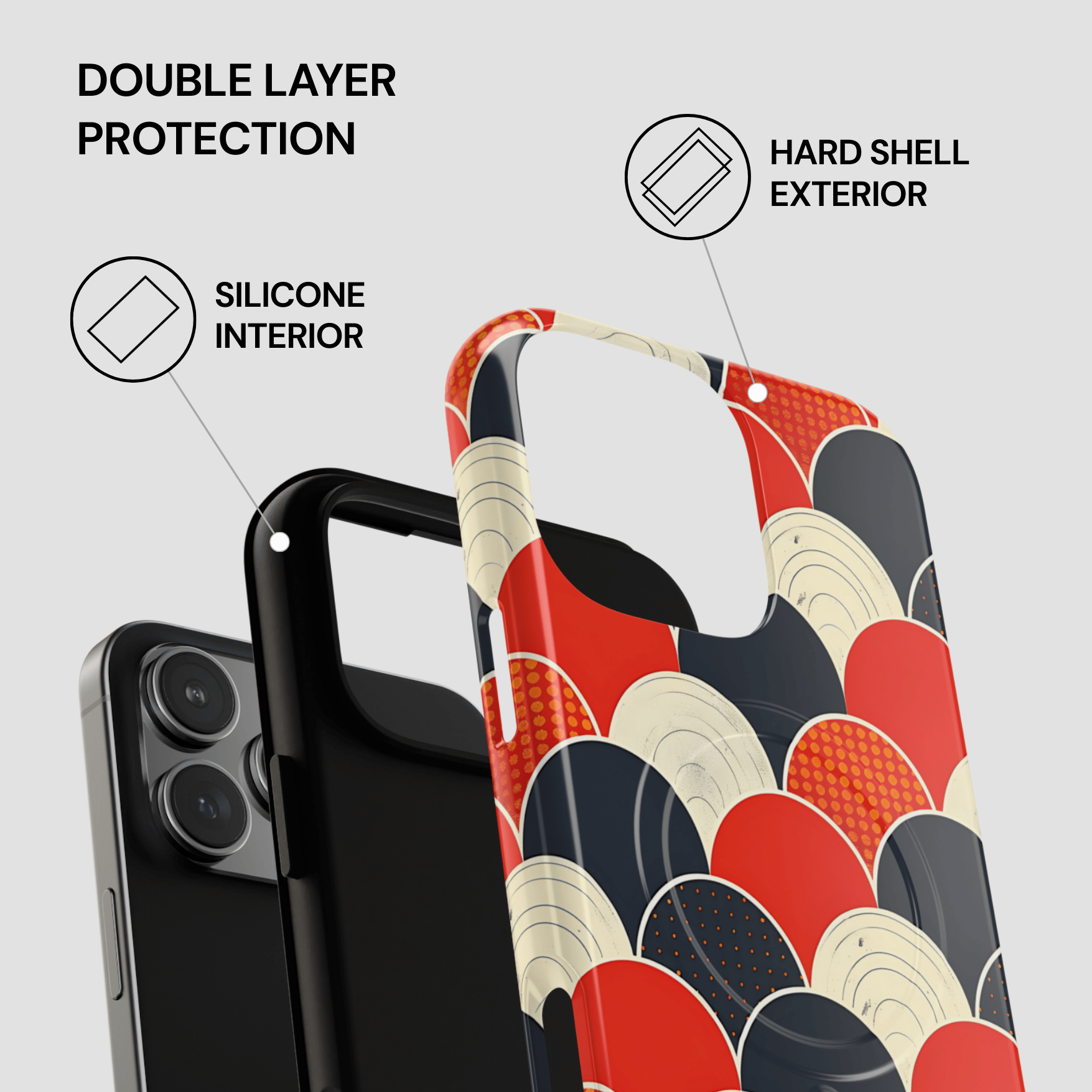 Phone case with double layer protection features on a white background