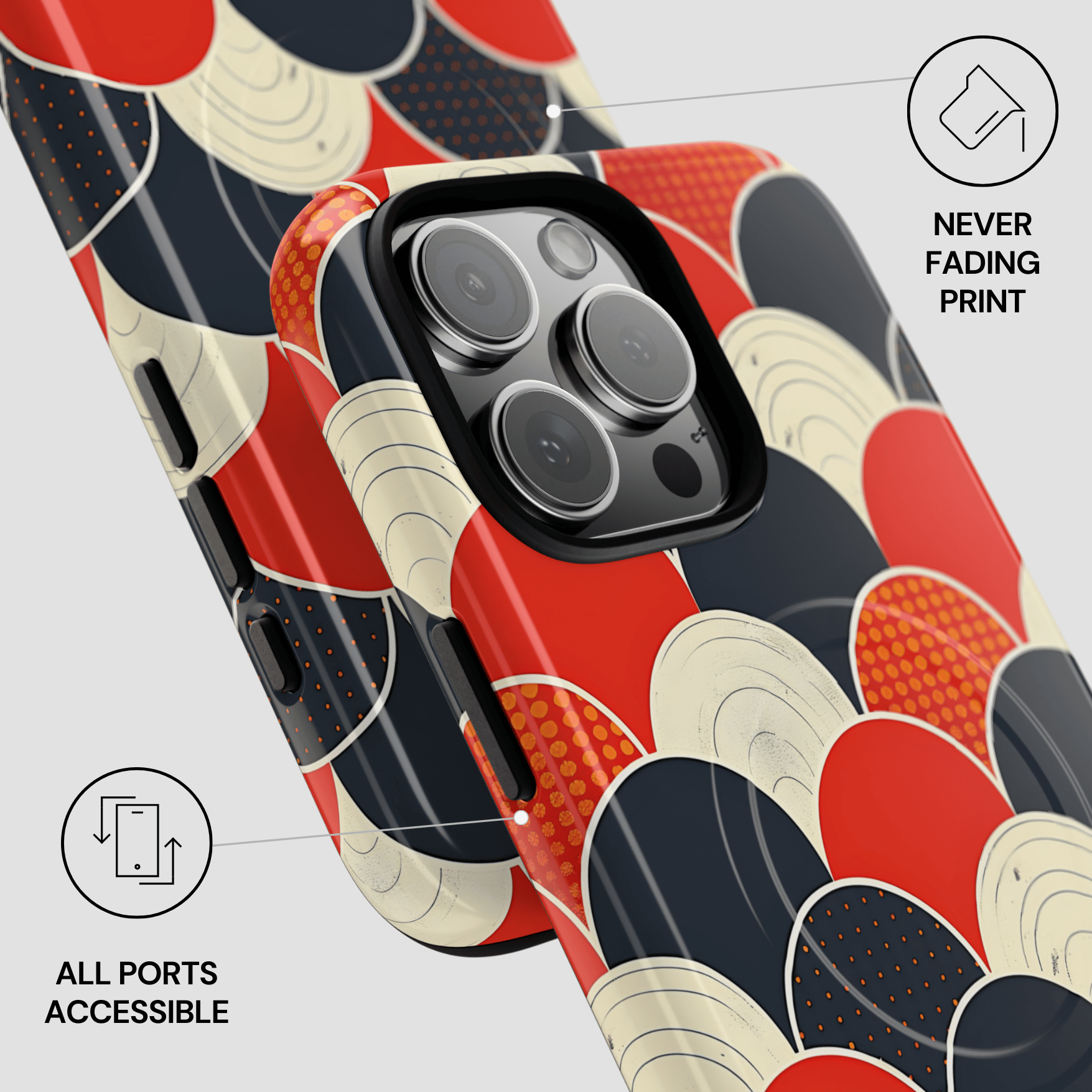 Phone case with a colorful abstract pattern on a white background