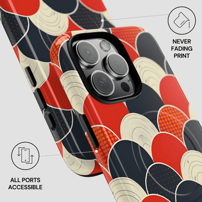 Phone case with a colorful abstract pattern on a white background