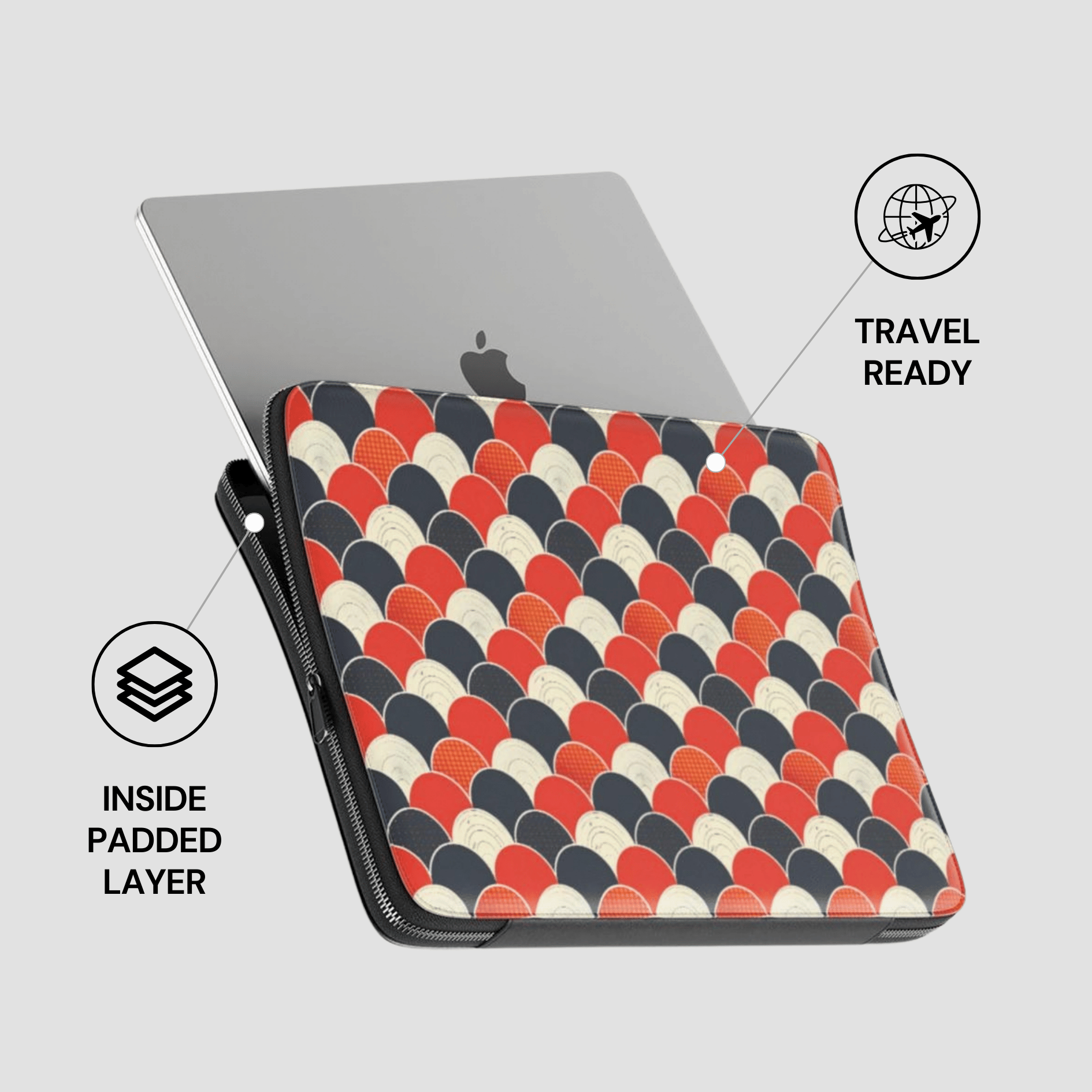 Laptop case with geometric pattern on a gray background