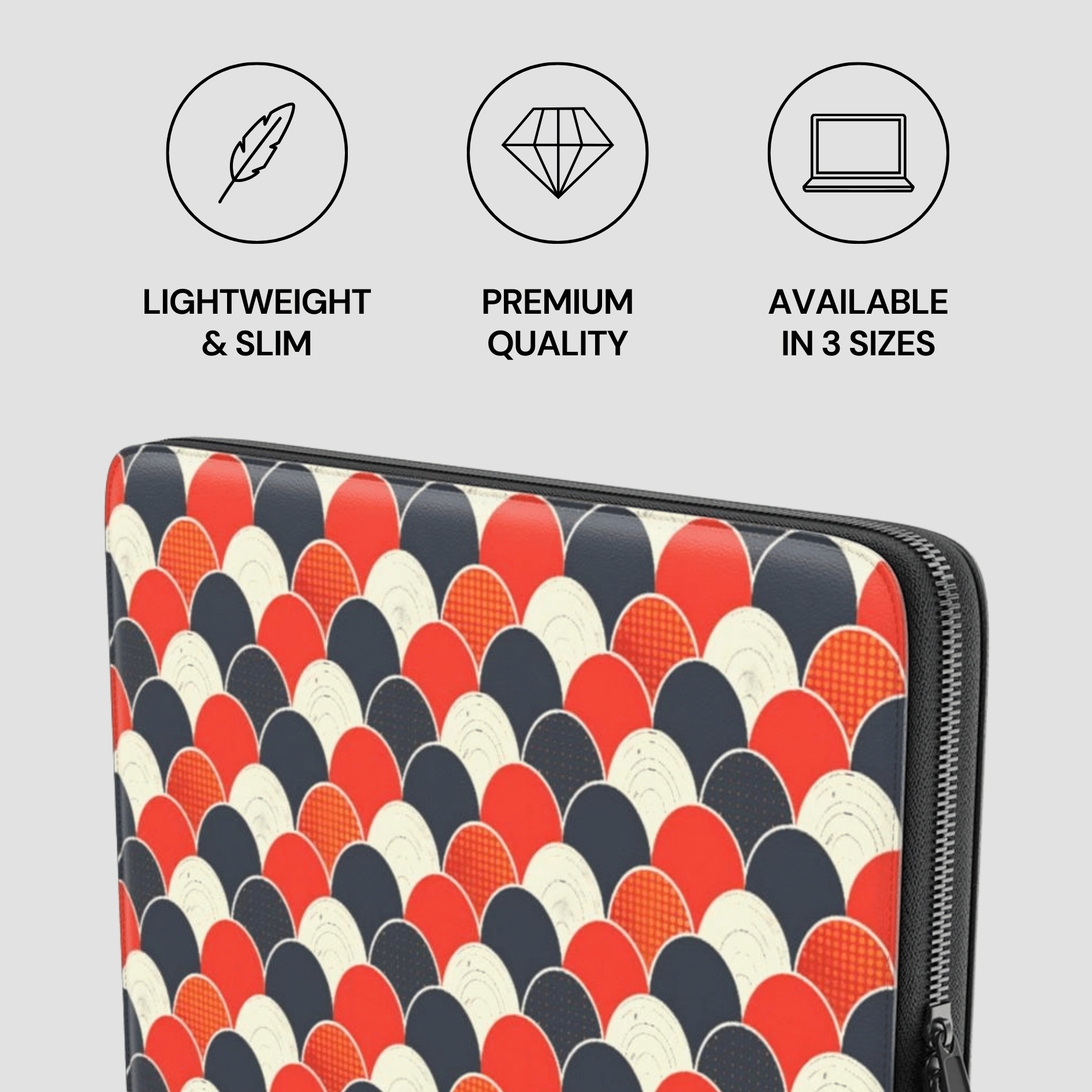 Laptop sleeve with geometric pattern and product features on a light gray background