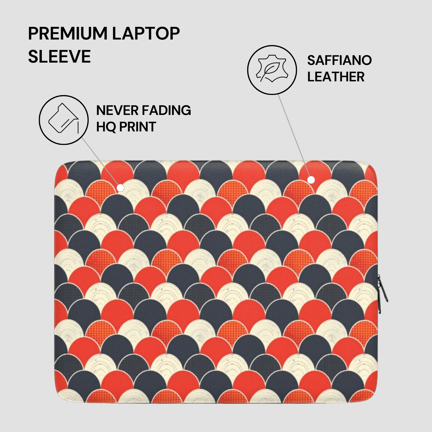 Laptop sleeve with red, black, and beige pattern on a gray background