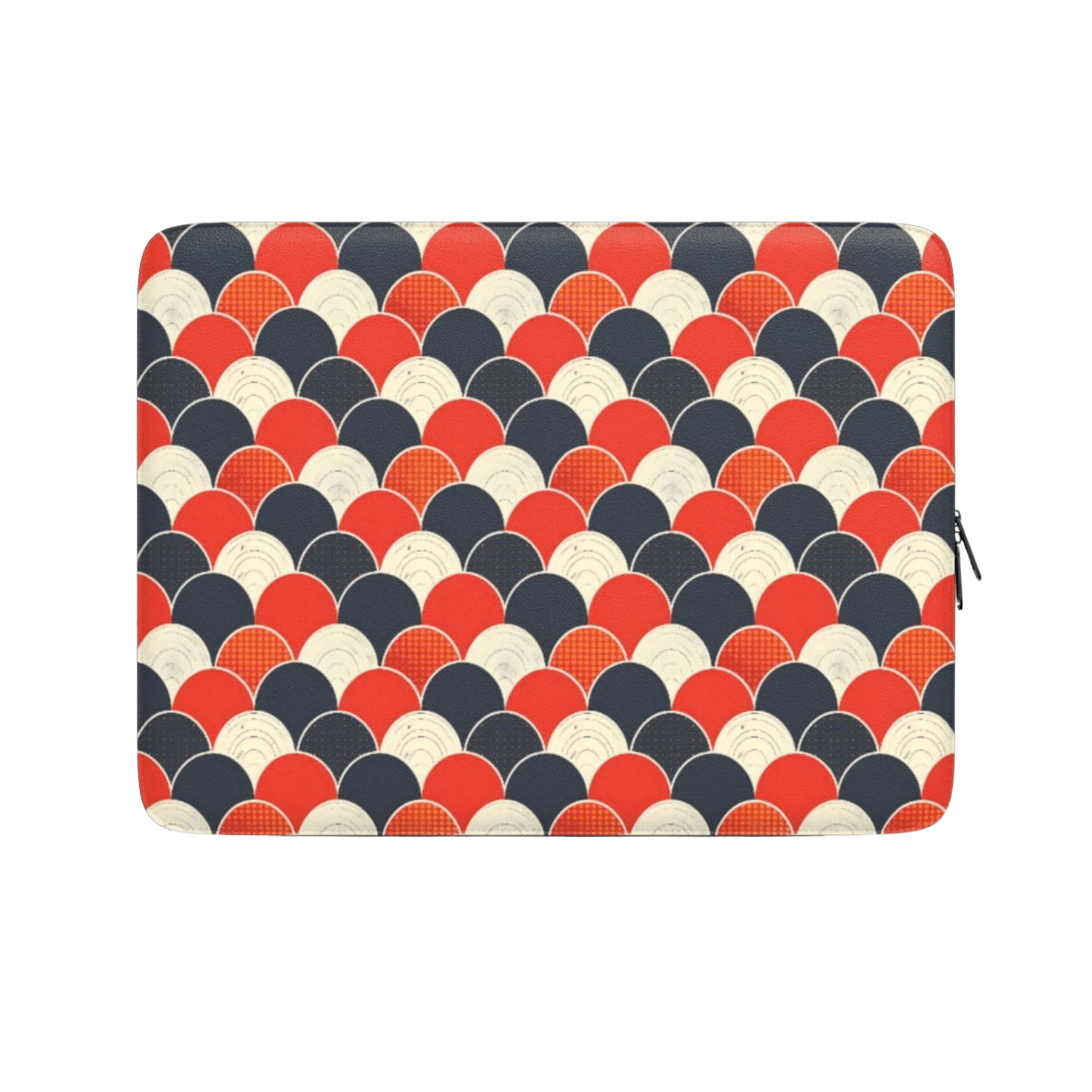 Laptop sleeve with a pattern of red, blue, and beige circles on a white background