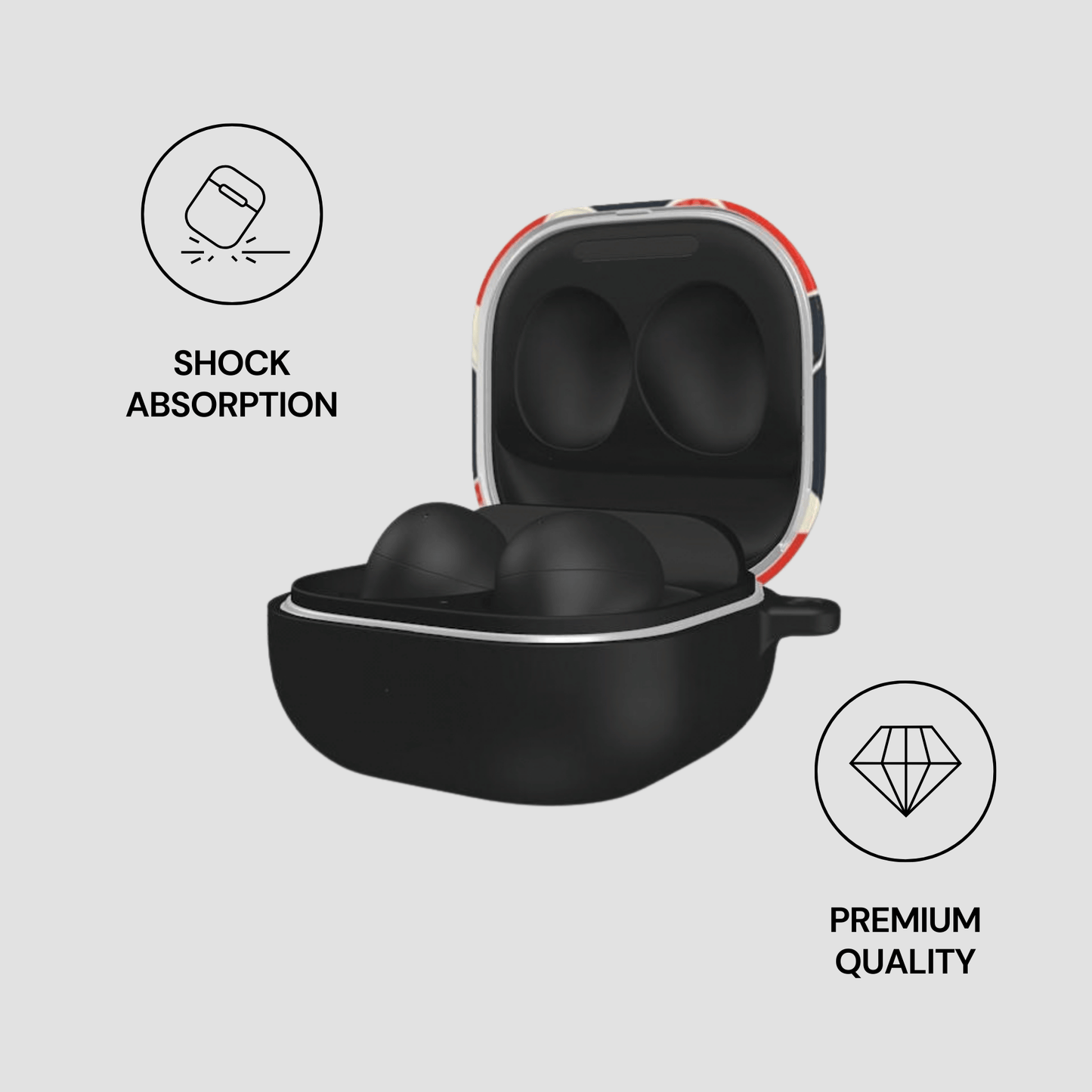 Black earbuds in a case with 'Shock Absorption' and 'Premium Quality' icons on a light gray background